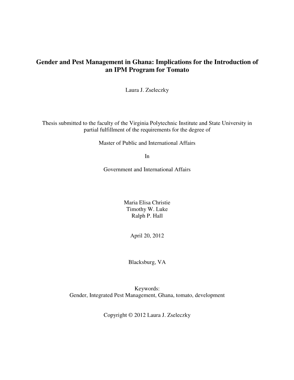 Gender and Pest Management in Ghana: Implications for the Introduction of an IPM Program for Tomato