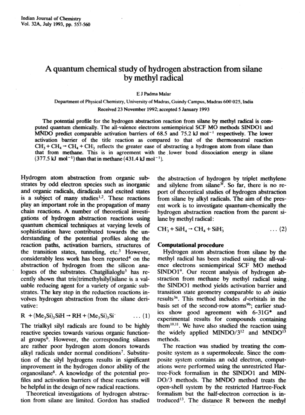 A Quantum Chemical Study of Hydrogen Abstraction from Silane by Methyl Radical