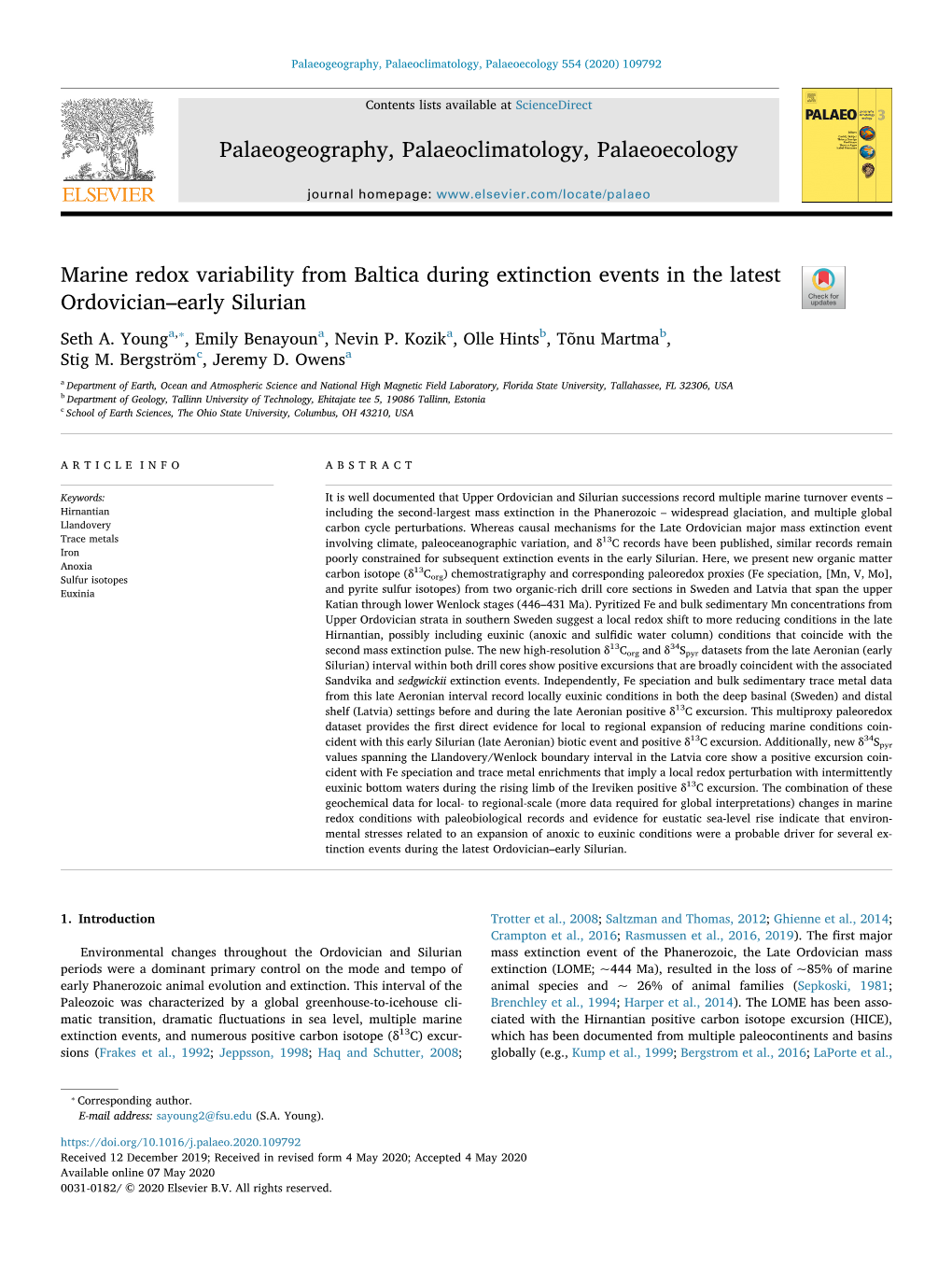 Marine Redox Variability from Baltica During Extinction Events in the Latest Ordovician–Early Silurian T ⁎ Seth A