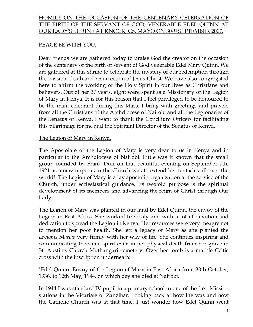 HOMILY on the OCCASION of the CENTENARY CELEBRATION of the BIRTH of the SERVANT of GOD, VENERABLE EDEL QUINN at OUR LADY’S SHRINE at KNOCK, Co