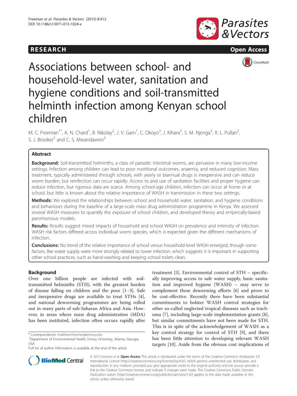 And Household-Level Water, Sanitation and Hygiene Conditions and Soil-Transmitted Helminth Infection Among Kenyan School Children M