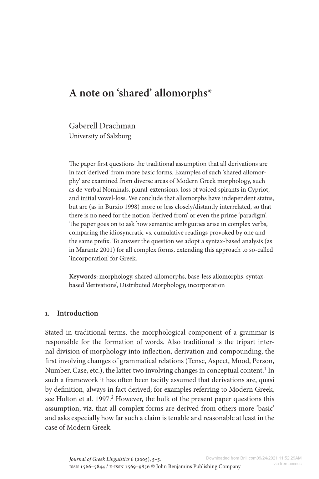 Downloaded from Brill.Com09/24/2021 11:52:29AM Via Free Access Issn 1566–5844 / E-Issn 1569–9856 © John Benjamins Publishing Company 6 Gaberell Drachman