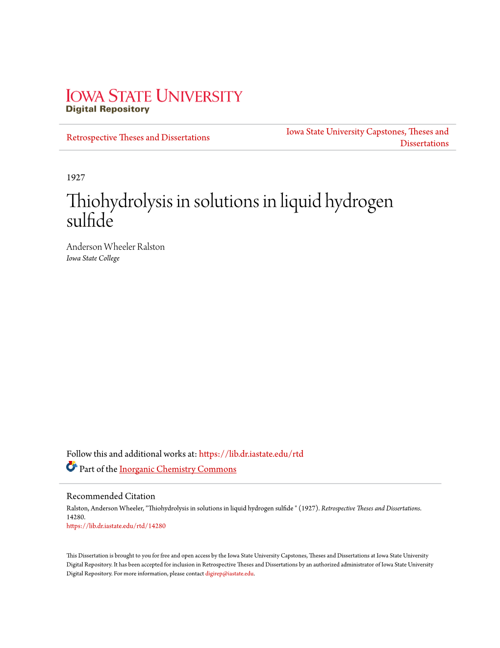 Thiohydrolysis in Solutions in Liquid Hydrogen Sulfide Anderson Wheeler Ralston Iowa State College