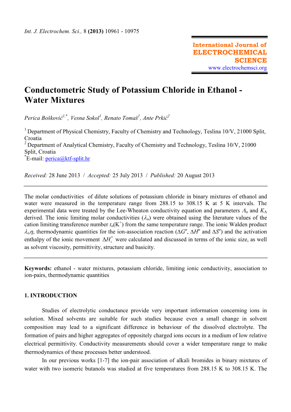 Conductometric Study of Potassium Chloride in Ethanol - Water Mixtures