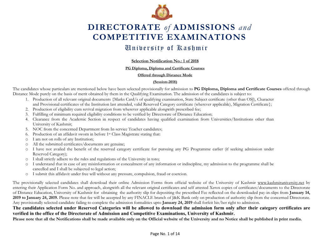 DIRECTORATE of ADMISSIONS and COMPETITIVE EXAMINATIONS