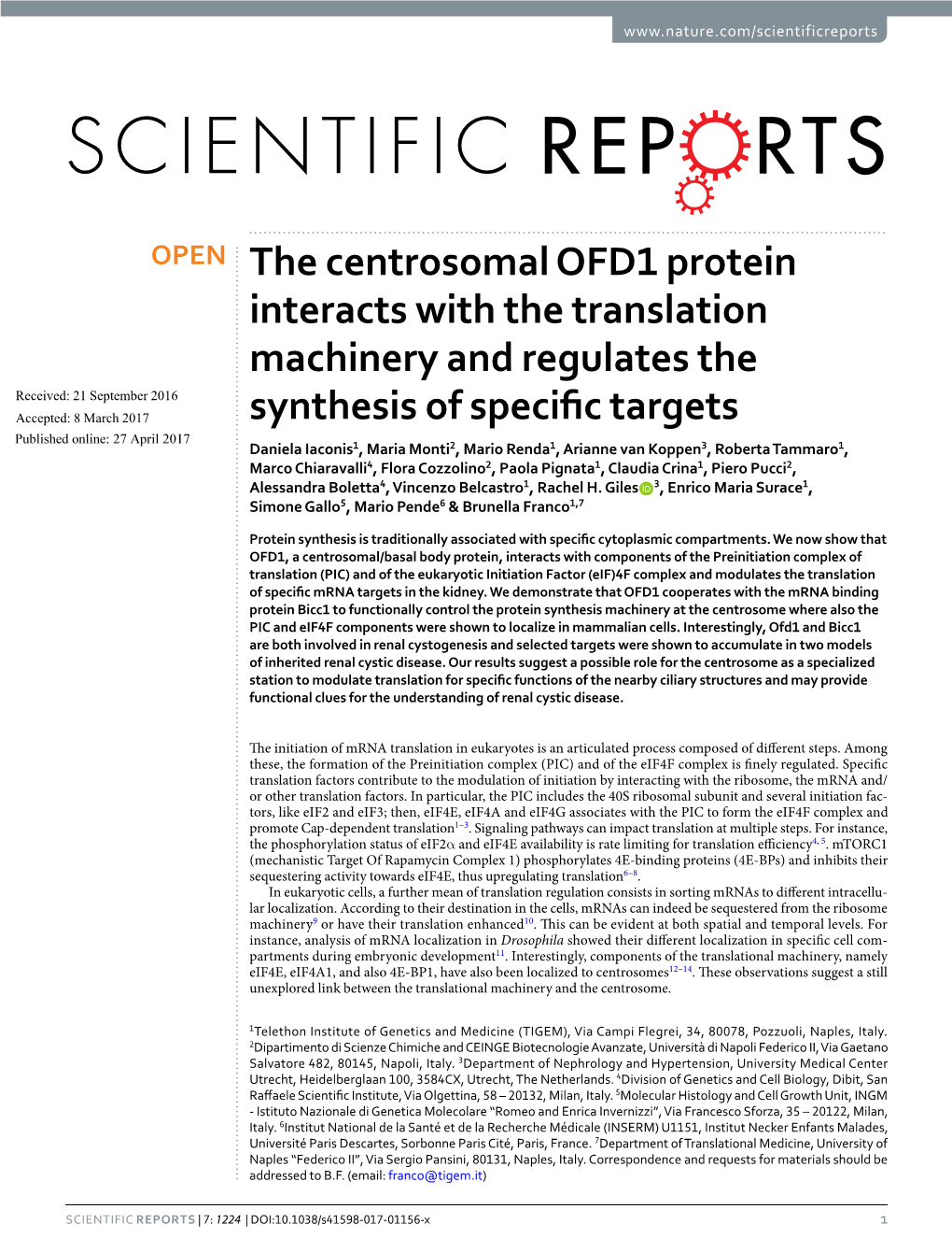The Centrosomal OFD1 Protein Interacts with the Translation
