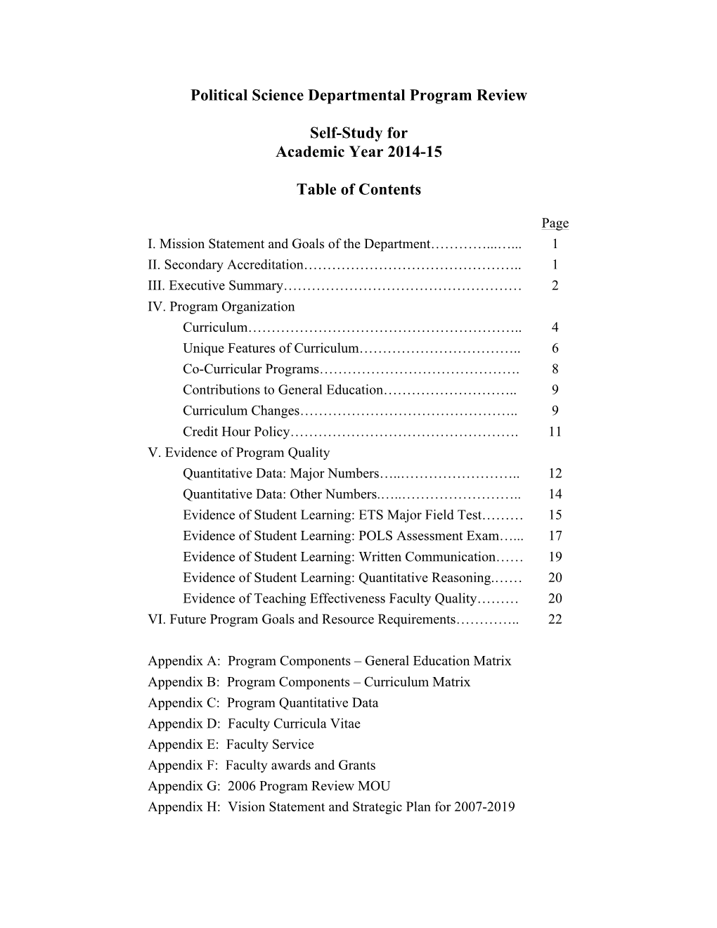 Political Science Departmental Program Review Self-Study For