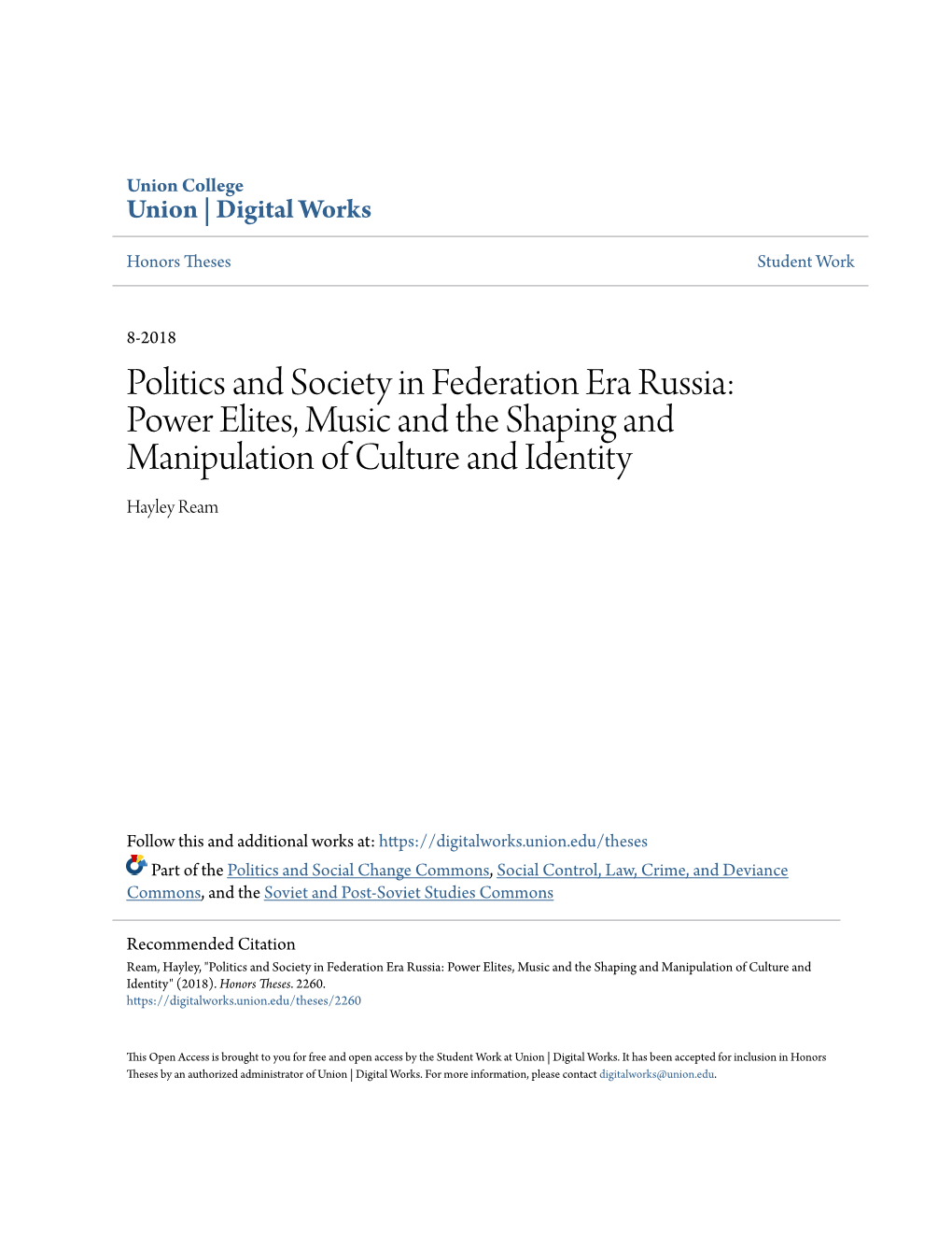 Politics and Society in Federation Era Russia: Power Elites, Music and the Shaping and Manipulation of Culture and Identity Hayley Ream