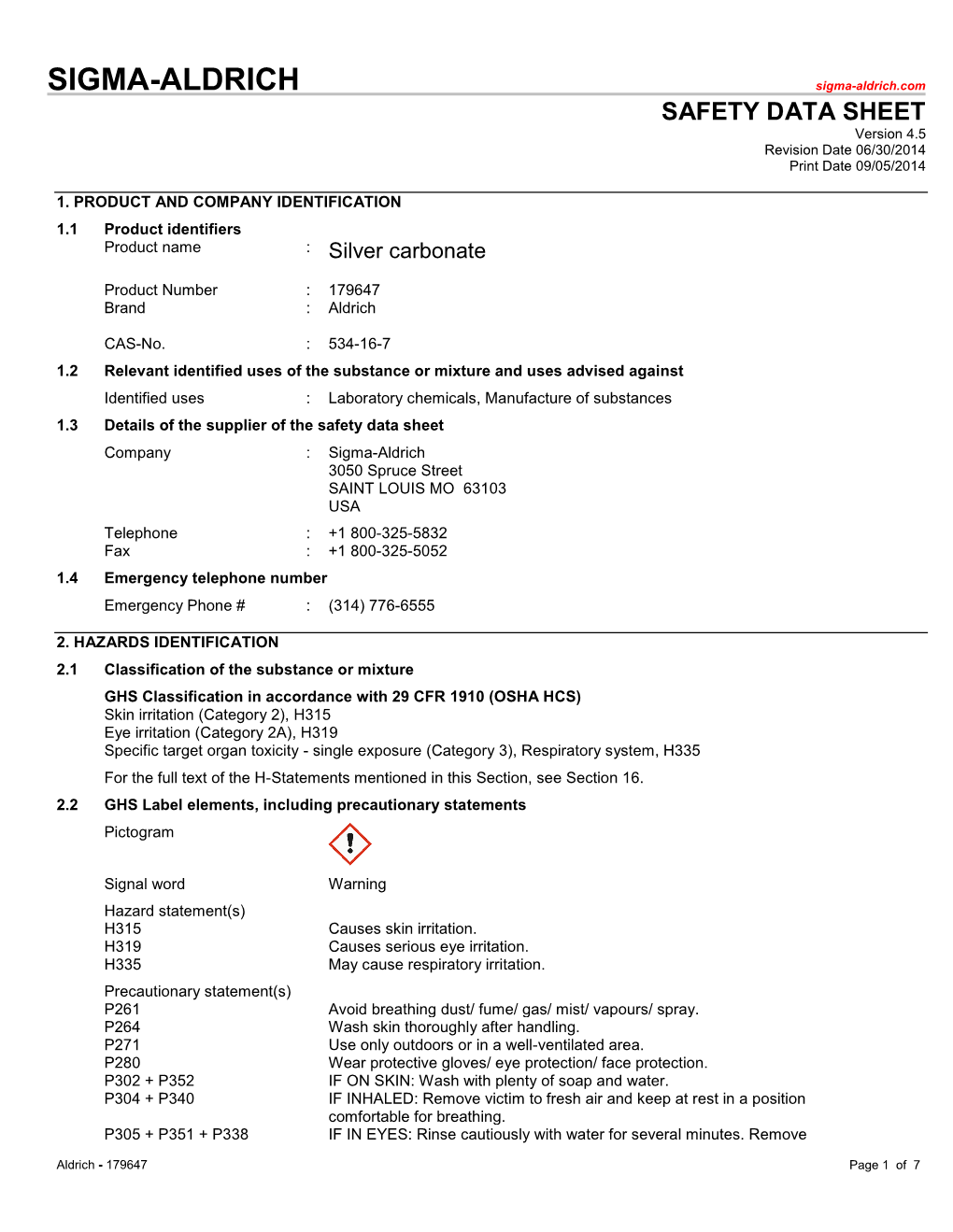 SAFETY DATA SHEET Version 4.5 Revision Date 06/30/2014 Print Date 09/05/2014