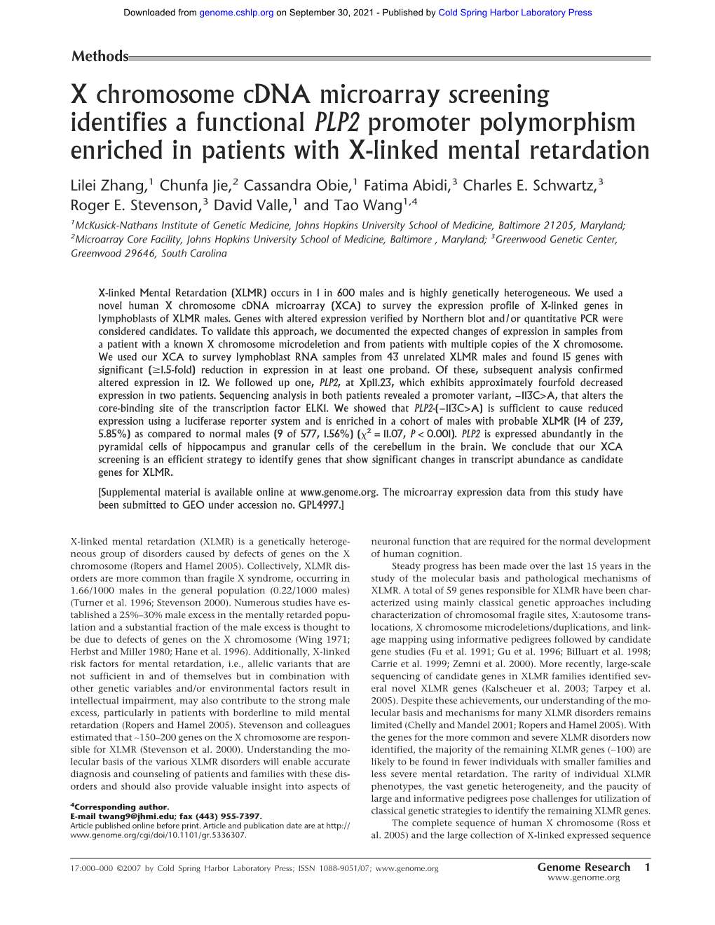 X Chromosome Cdna Microarray Screening Identifies a Functional PLP2 Promoter Polymorphism Enriched in Patients with X-Linked Mental Retardation