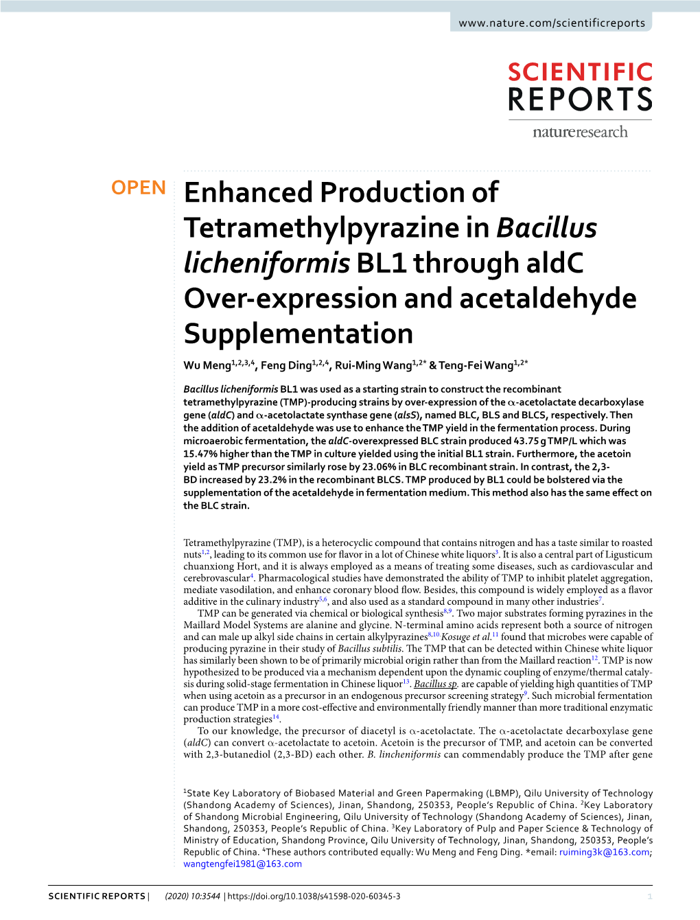 Enhanced Production of Tetramethylpyrazine in Bacillus