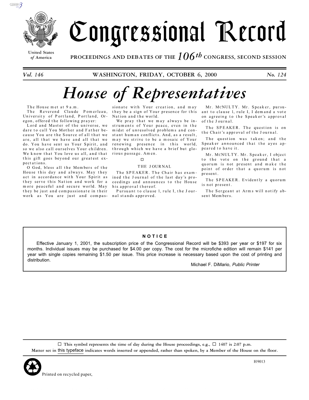 Congressional Record United States of America PROCEEDINGS and DEBATES of the 106Th CONGRESS, SECOND SESSION