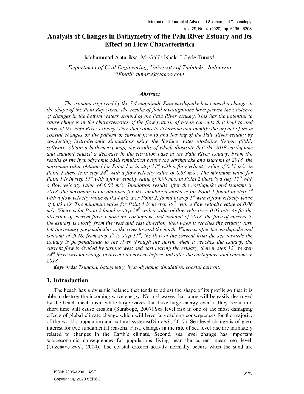 Analysis of Changes in Bathymetry of the Palu River Estuary and Its Effect on Flow Characteristics