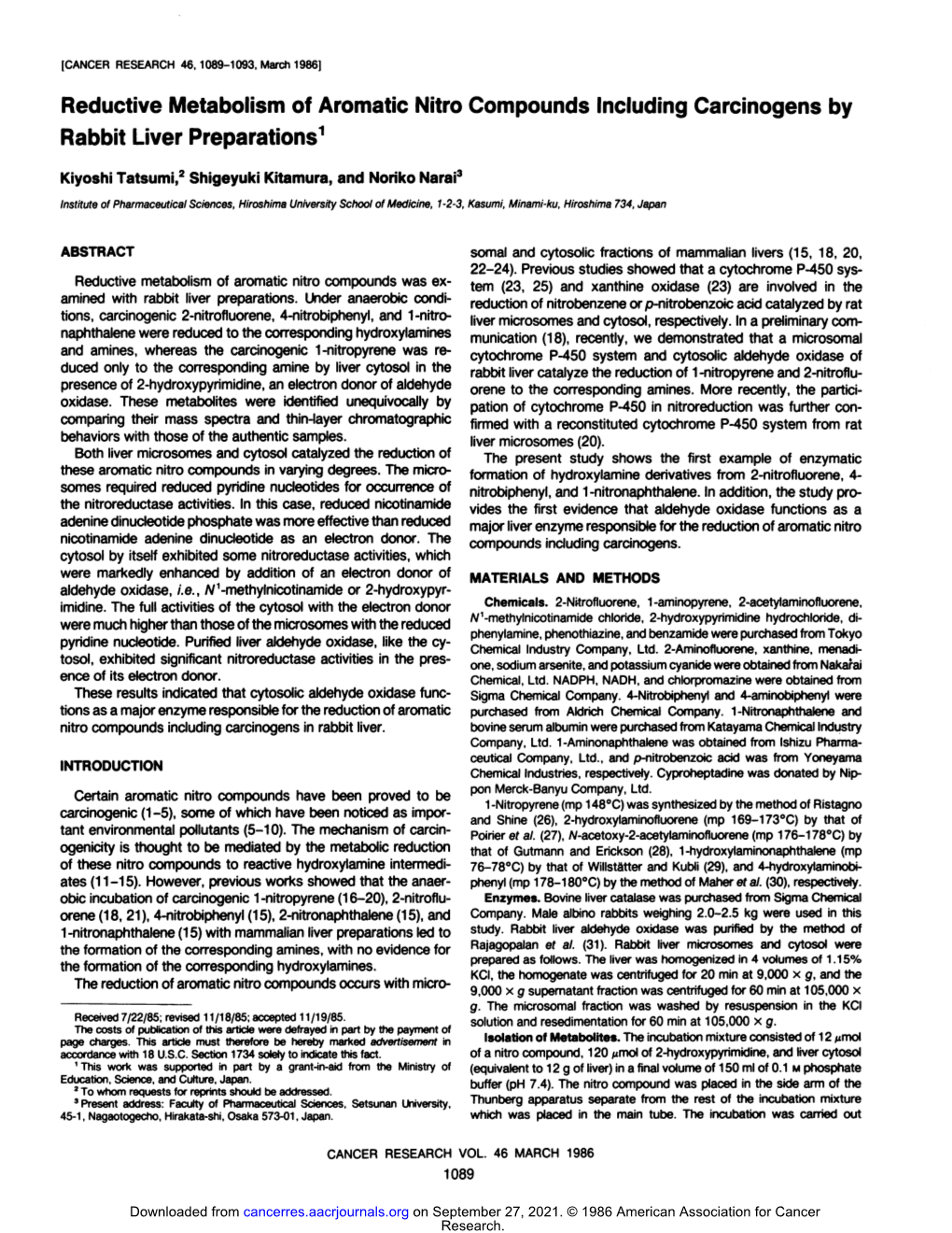 Reductive Metabolism of Aromatic Nitro Compounds Including Carcinogens by Rabbit Liver Preparations1