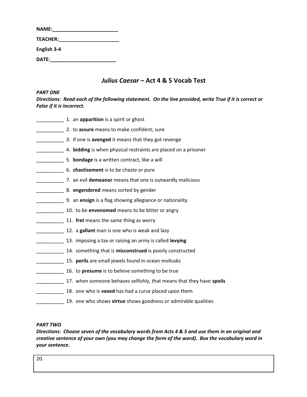 Julius Caesar Act 4 & 5 Vocab Test