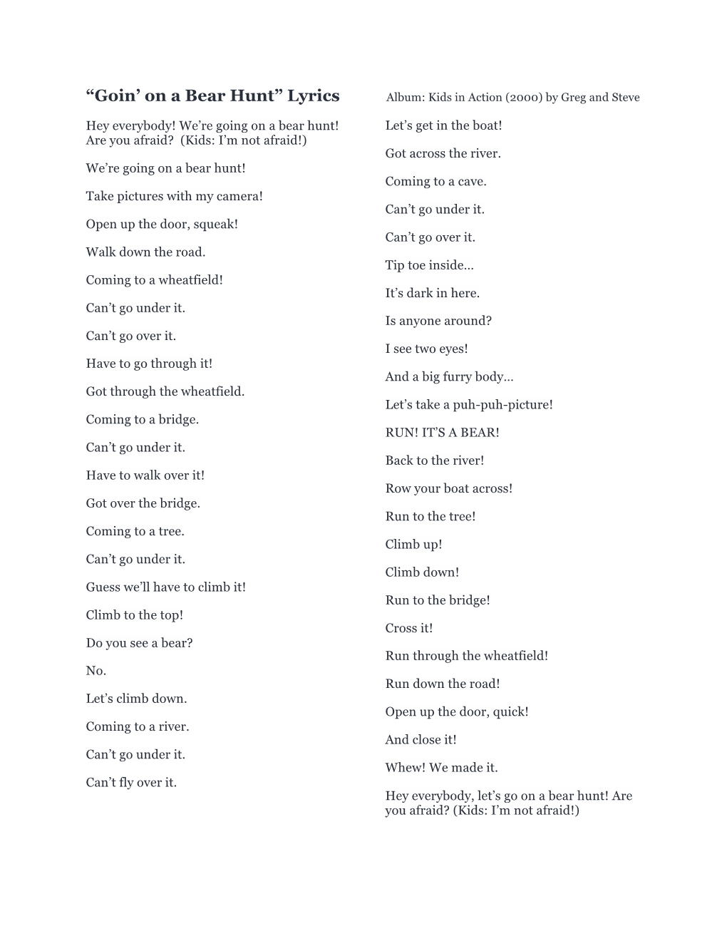 “Goin' on a Bear Hunt” Lyrics