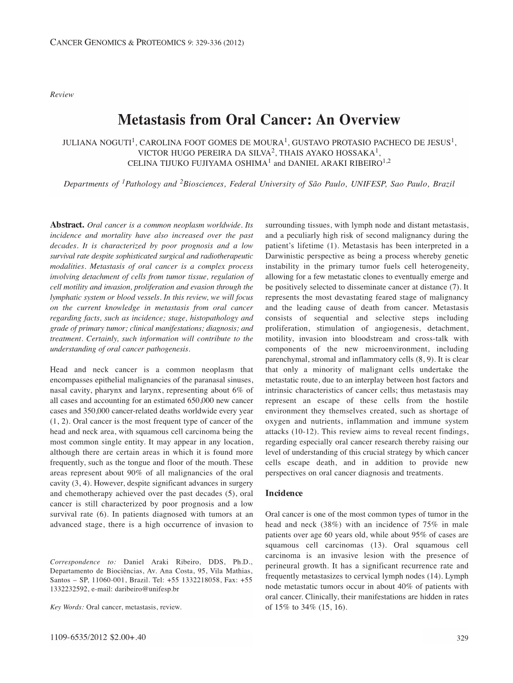 Metastasis from Oral Cancer: an Overview