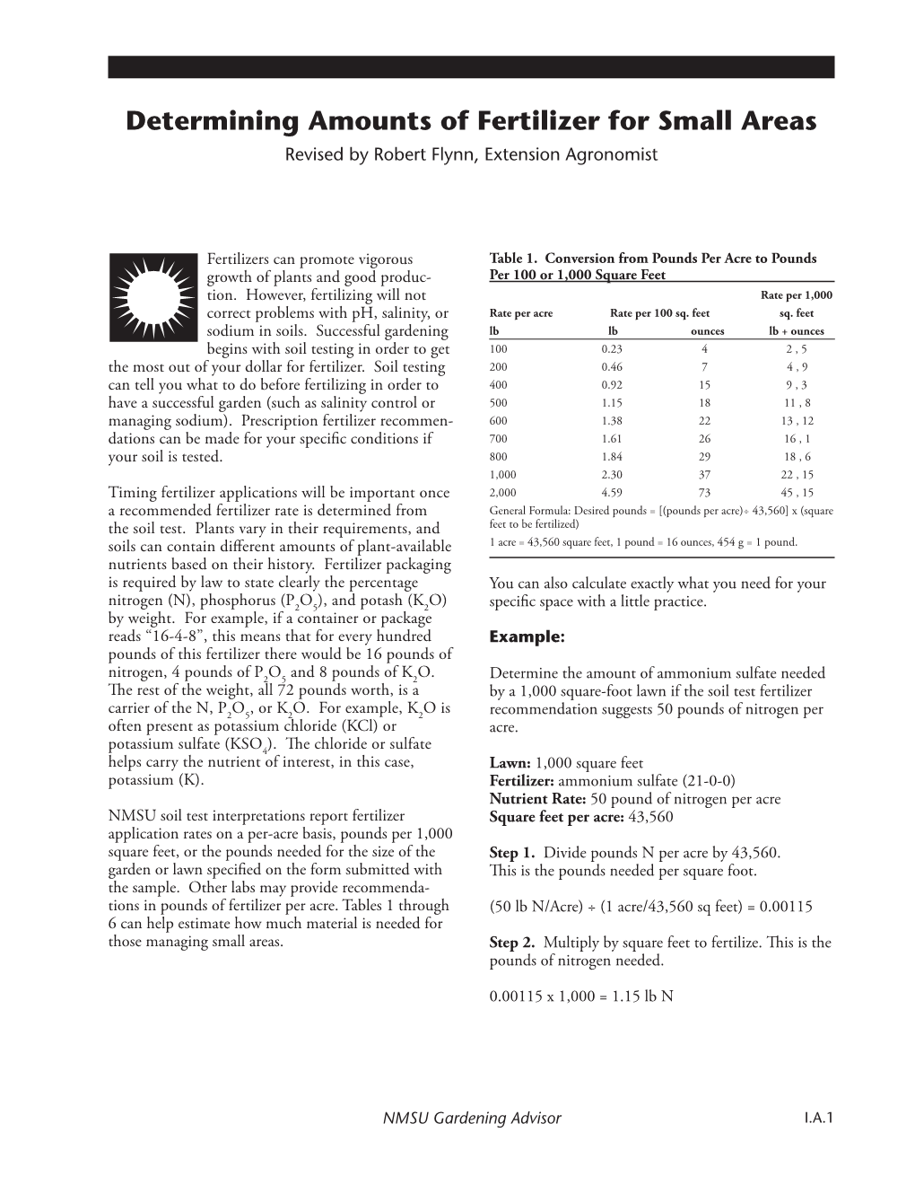 Determining Amounts of Fertilizer for Small Areas Revised by Robert Flynn, Extension Agronomist