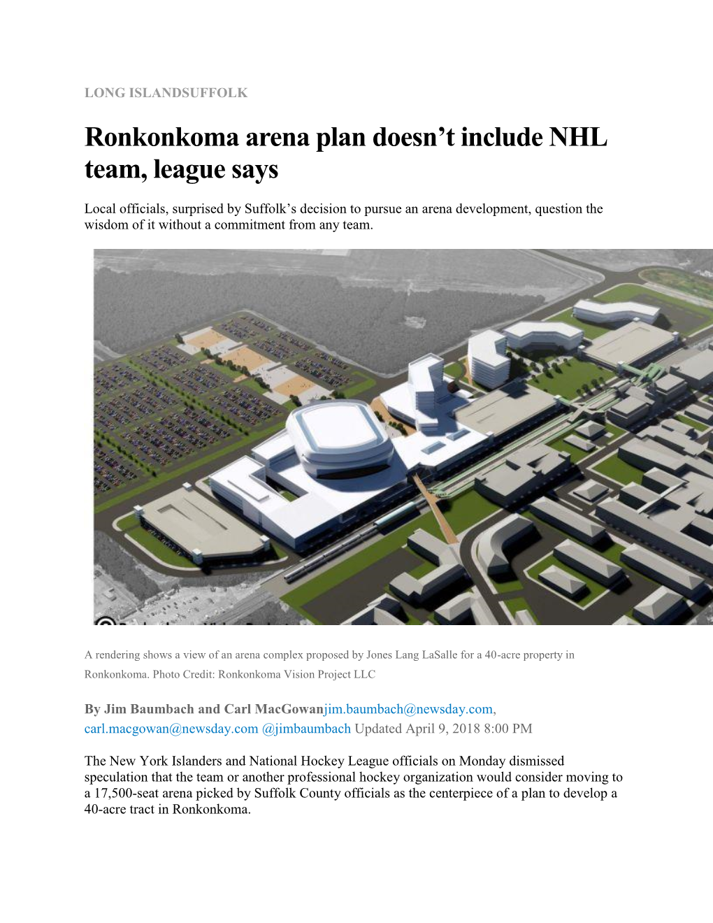 Ronkonkoma Arena Plan Doesn't Include NHL Team, League Says