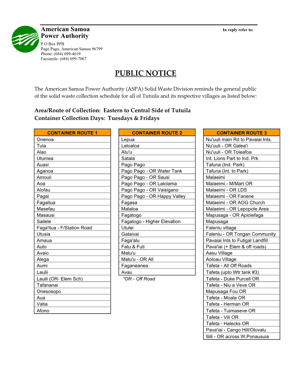 Solid Waste Collection Schedule for All of Tutuila and Its Respective Villages As Listed Below