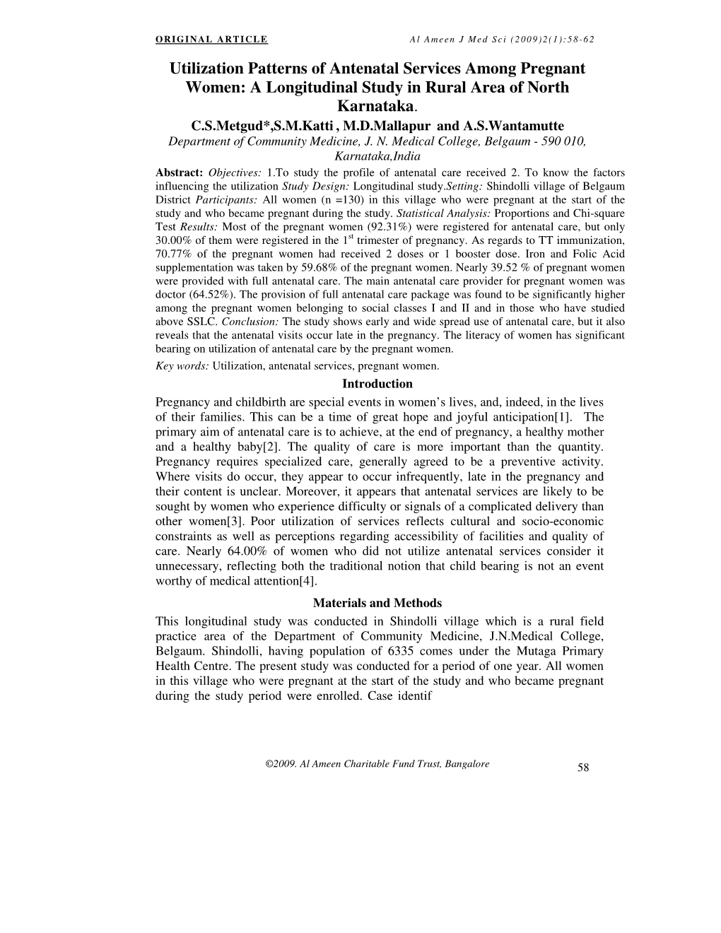 Utilization Patterns of Antenatal Services Among Pregnant Women: a Longitudinal Study in Rural Area of North Karnataka