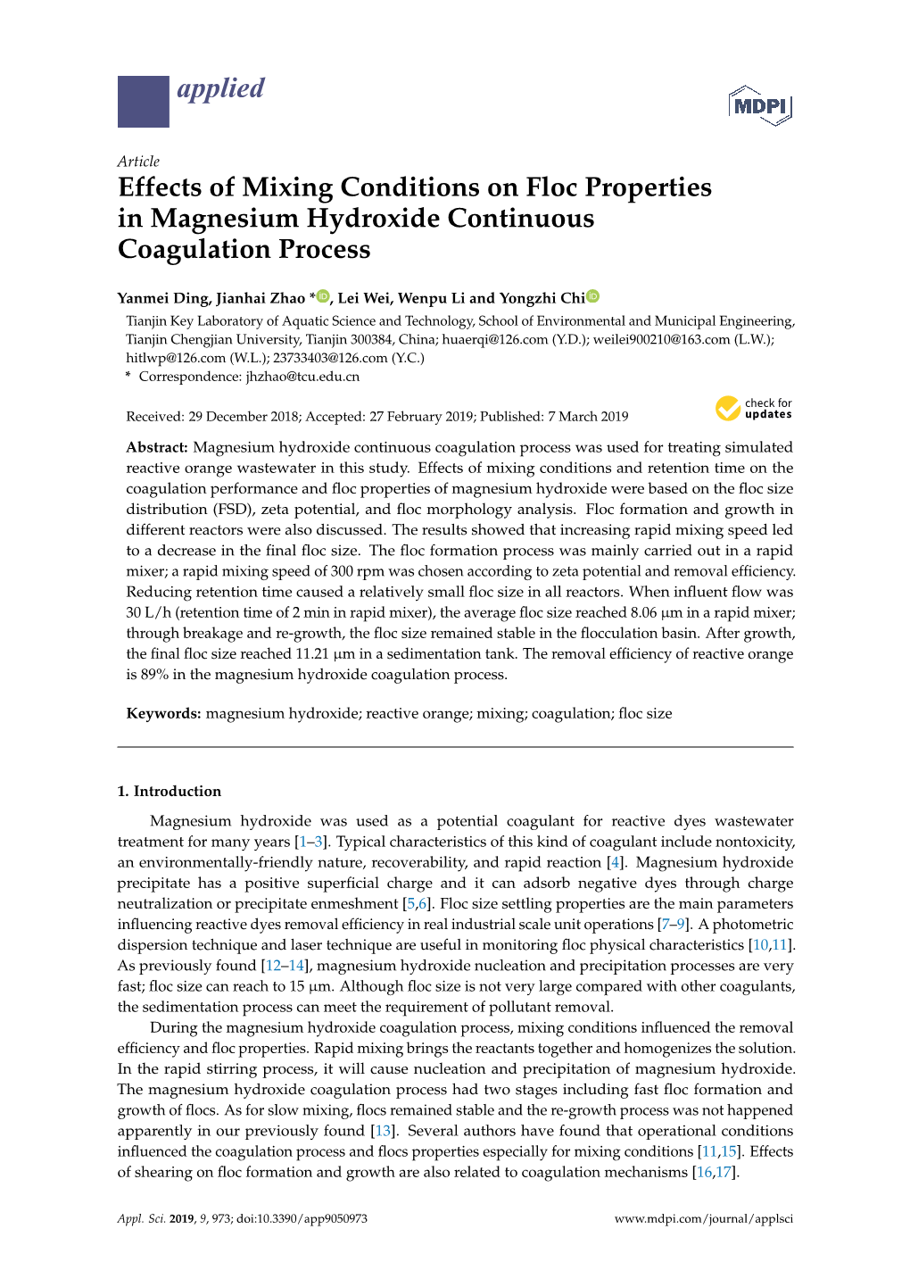 Effects of Mixing Conditions on Floc Properties in Magnesium Hydroxide Continuous Coagulation Process