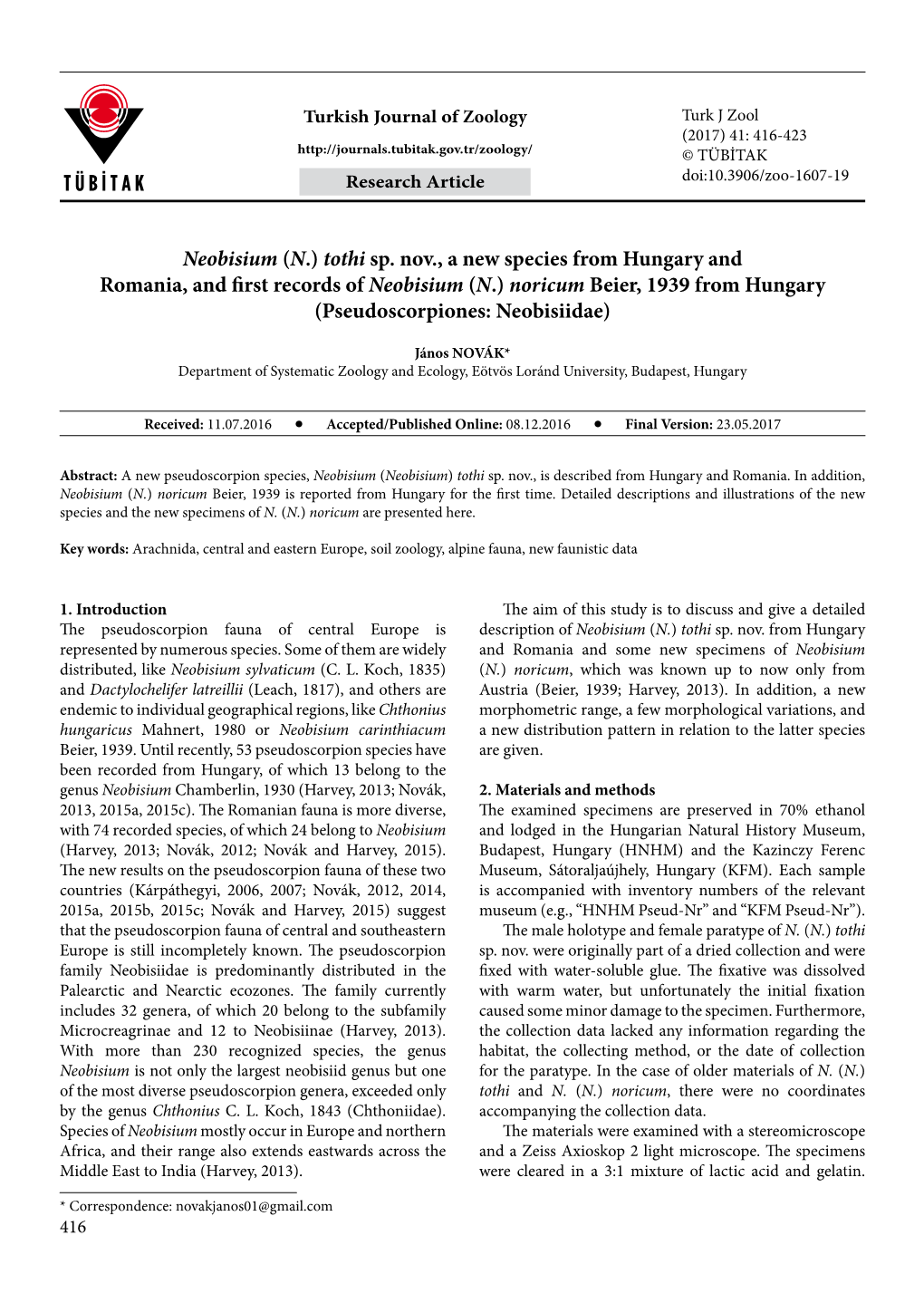 Neobisium (N.) Tothi Sp. Nov., a New Species from Hungary And