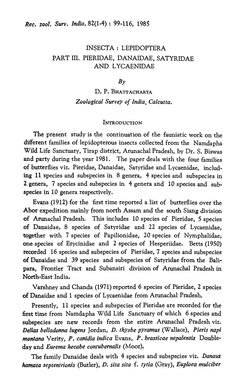 Insecta : Lepidoptera Part Iii. Pieridae, Danaidae, Satyridae and L Ycaenidae