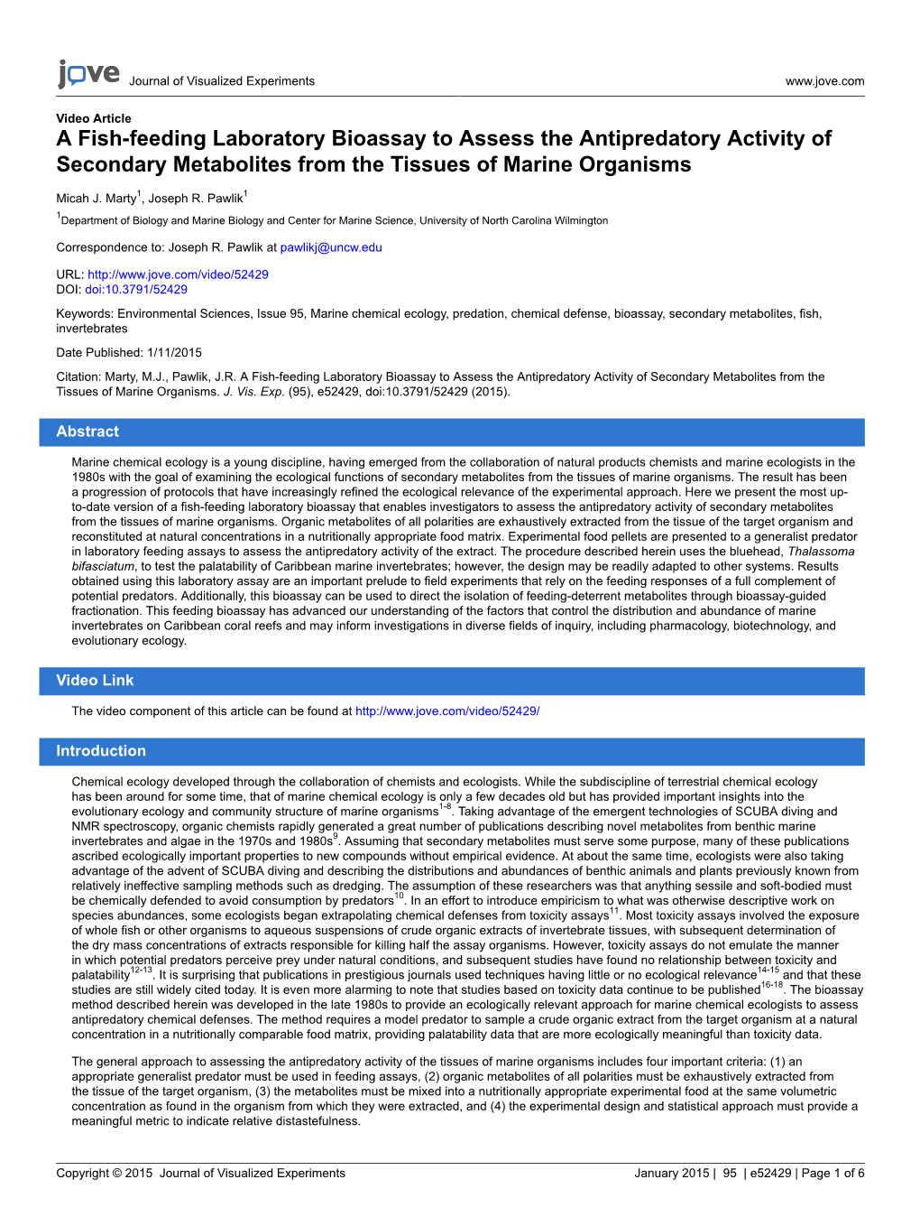 A Fish-Feeding Laboratory Bioassay to Assess the Antipredatory Activity of Secondary Metabolites from the Tissues of Marine Organisms