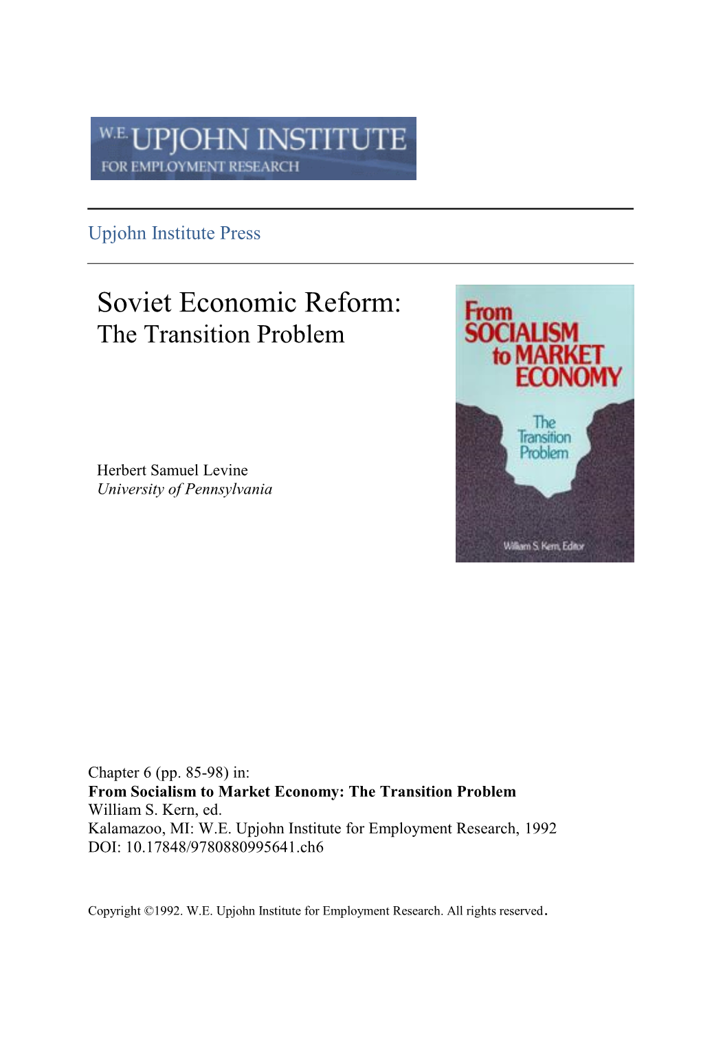 Soviet Economic Reform: the Transition Problem