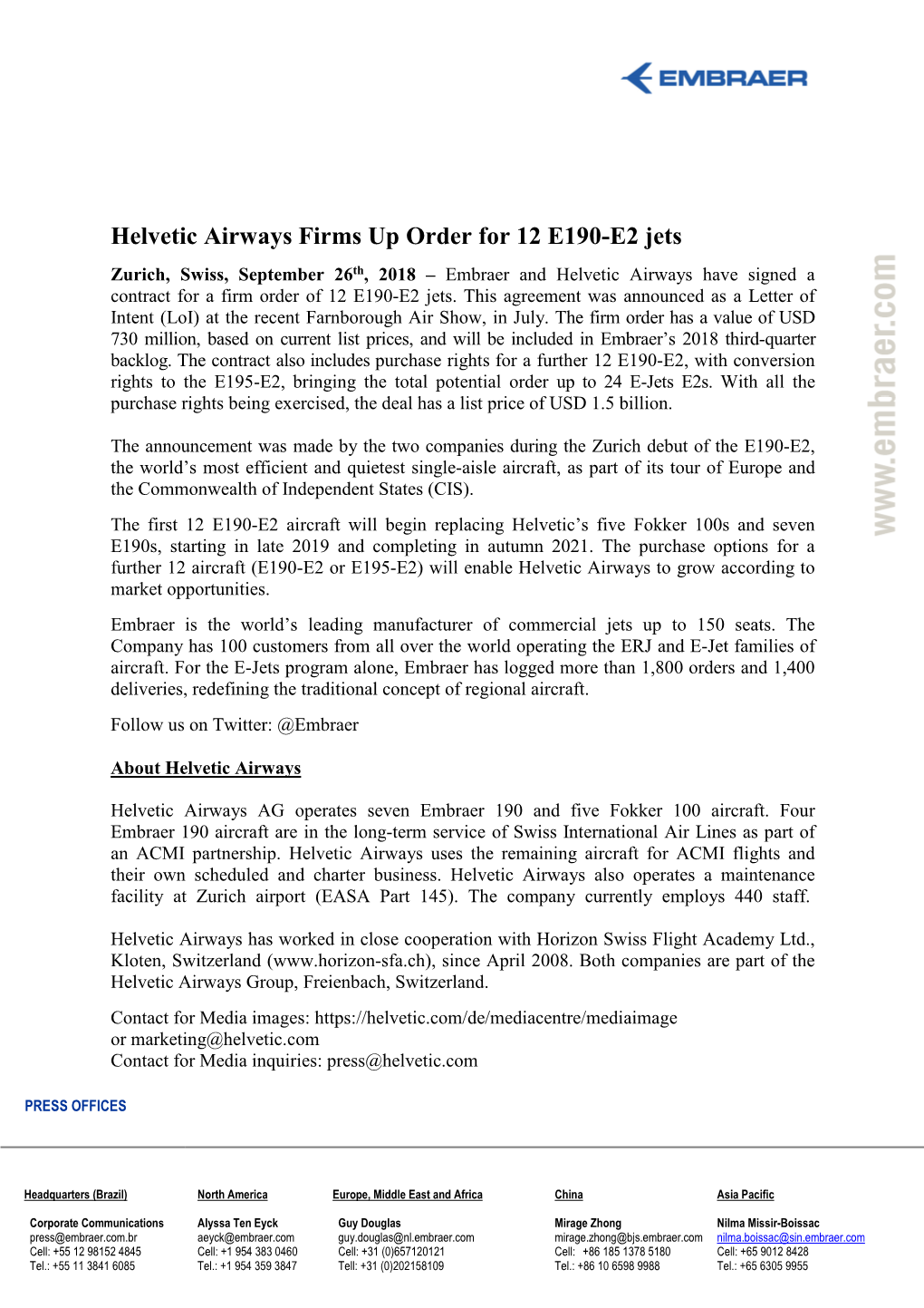 Helvetic Airways Firms up Order for 12 E190-E2 Jets