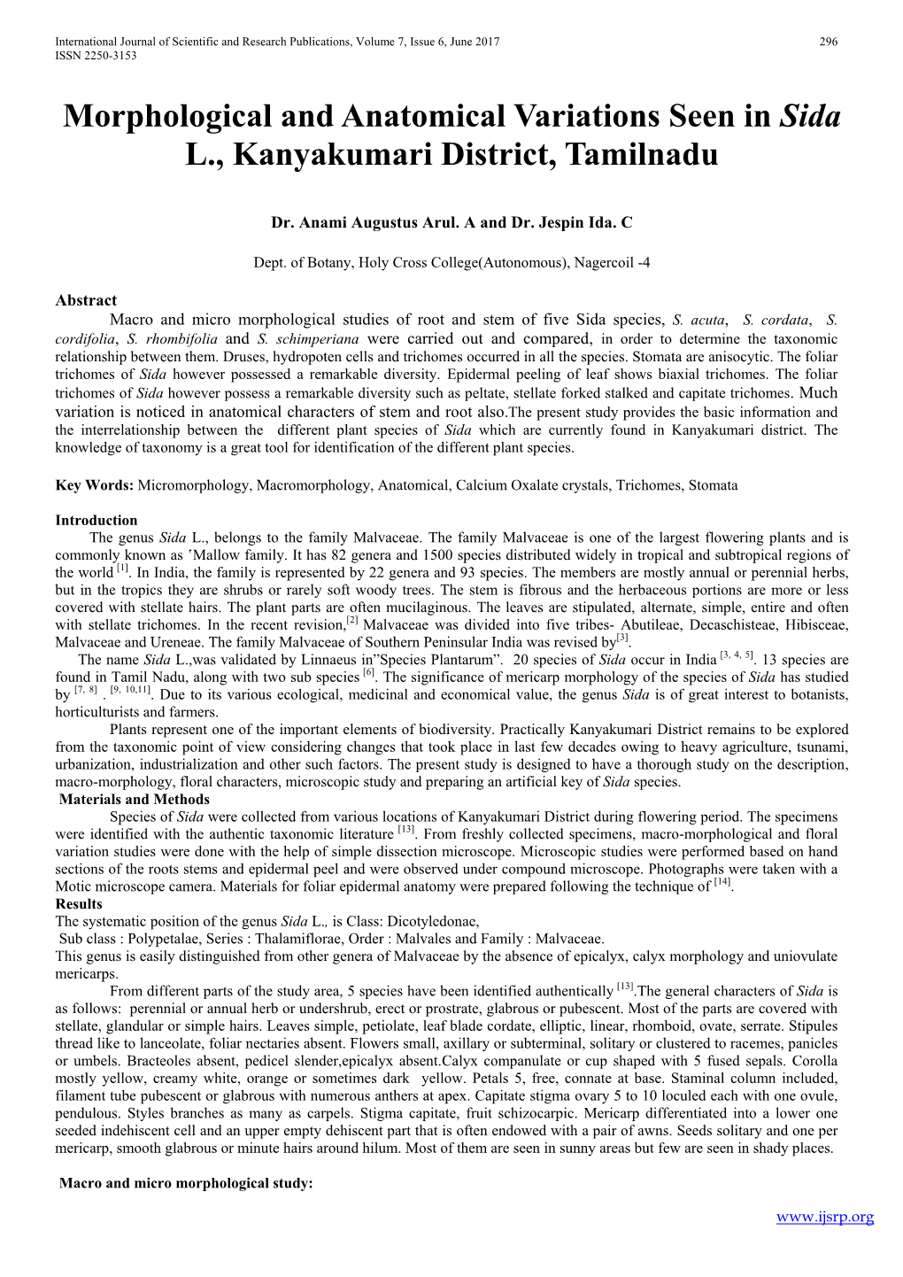 Morphological and Anatomical Variations Seen in Sida L., Kanyakumari District, Tamilnadu