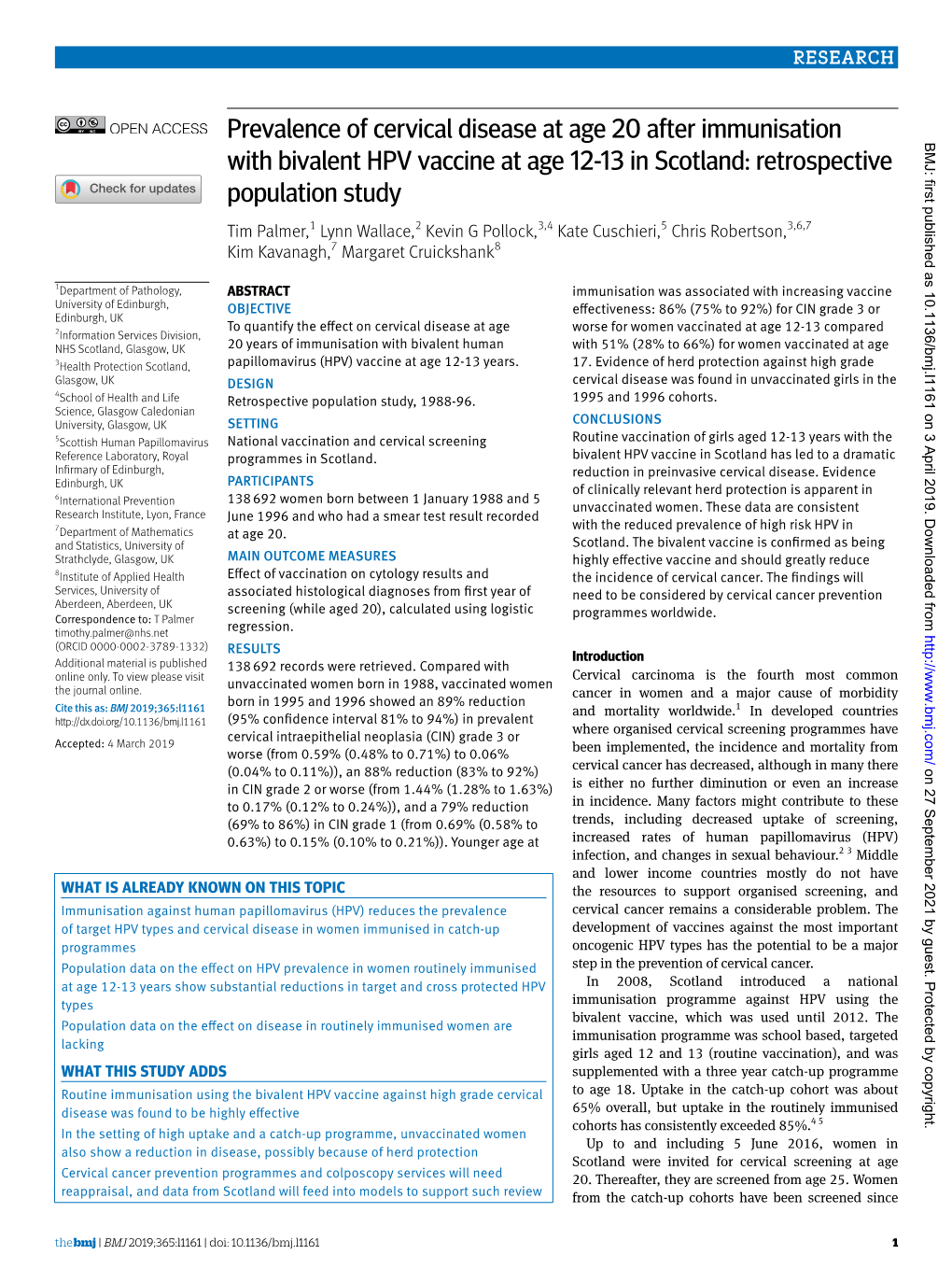 Prevalence of Cervical Disease at Age 20 After Immunisation with Bivalent