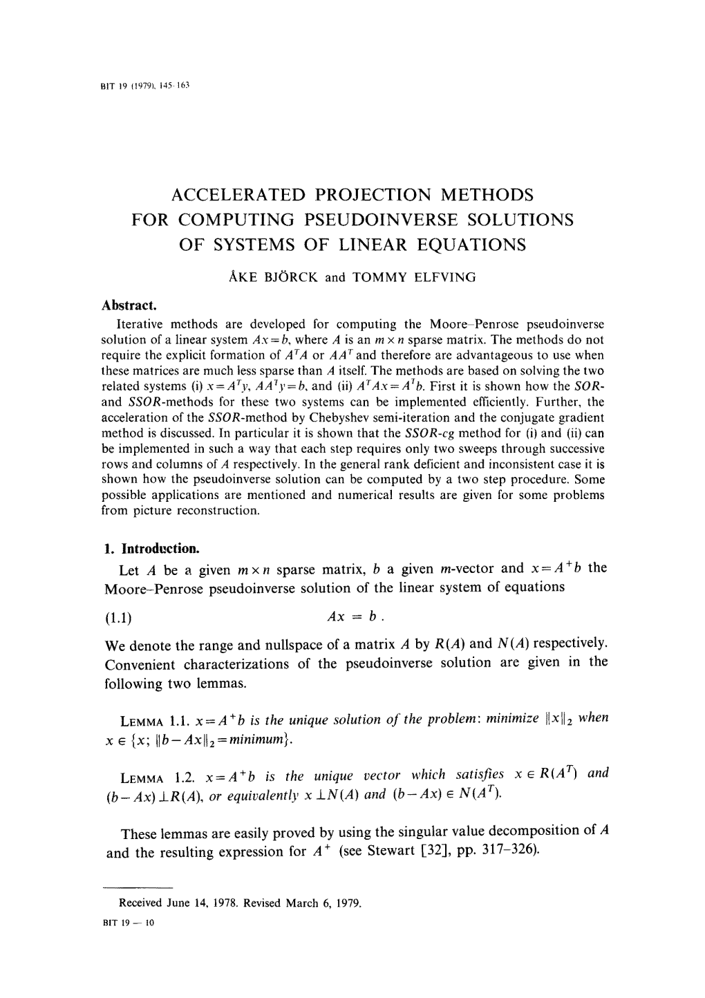 Accelerated Projection Methods for Computing Pseudoinverse Solutions of Systems of Linear Equations