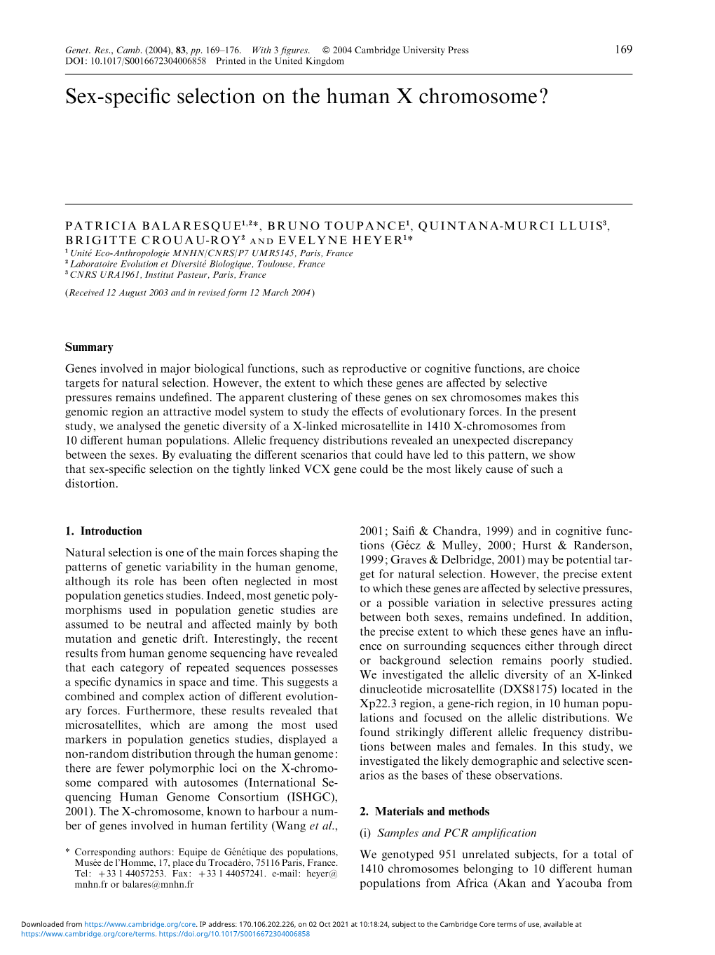 Sex-Specific Selection on the Human X Chromosome?