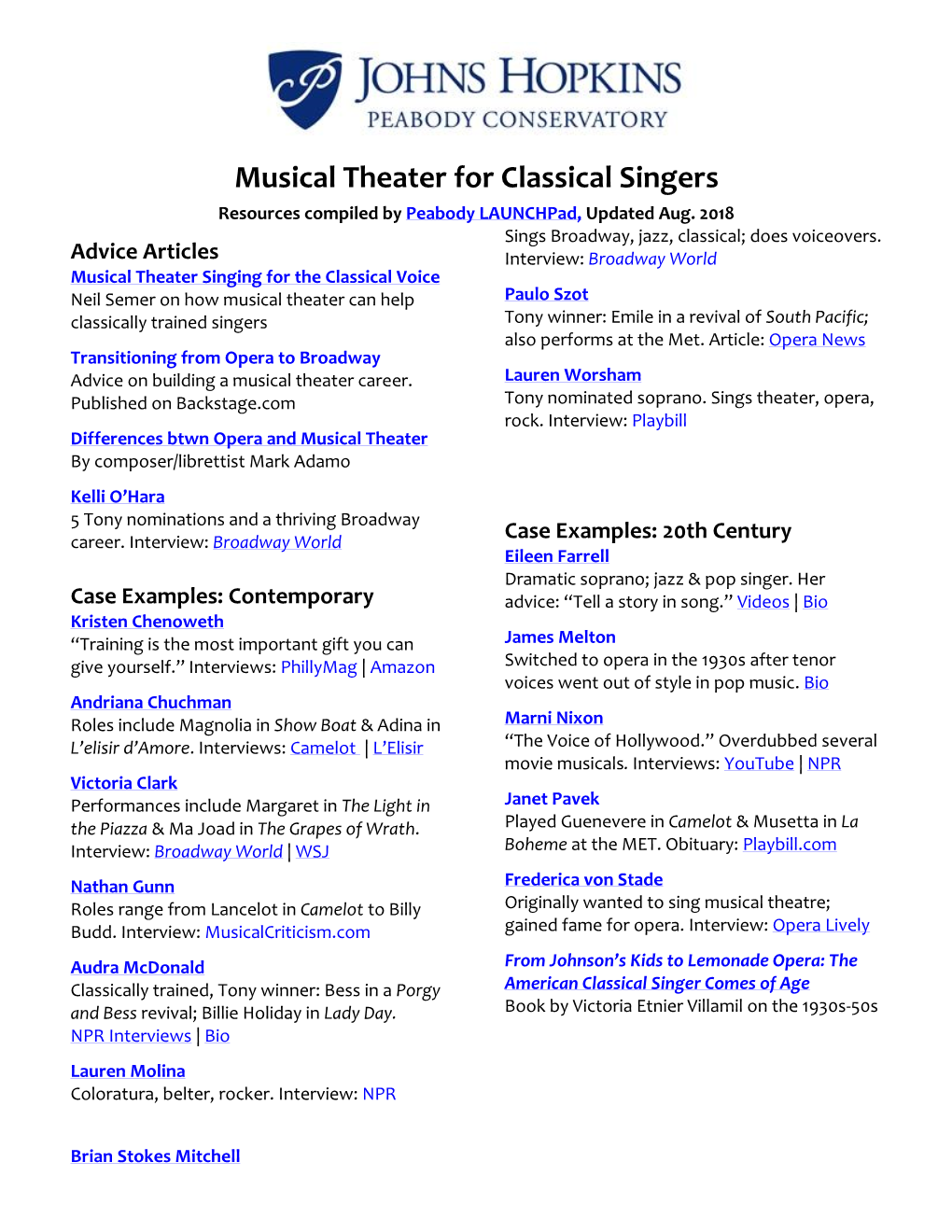 Musical Theater for Classical Singers Resources Compiled by Peabody Launchpad, Updated Aug