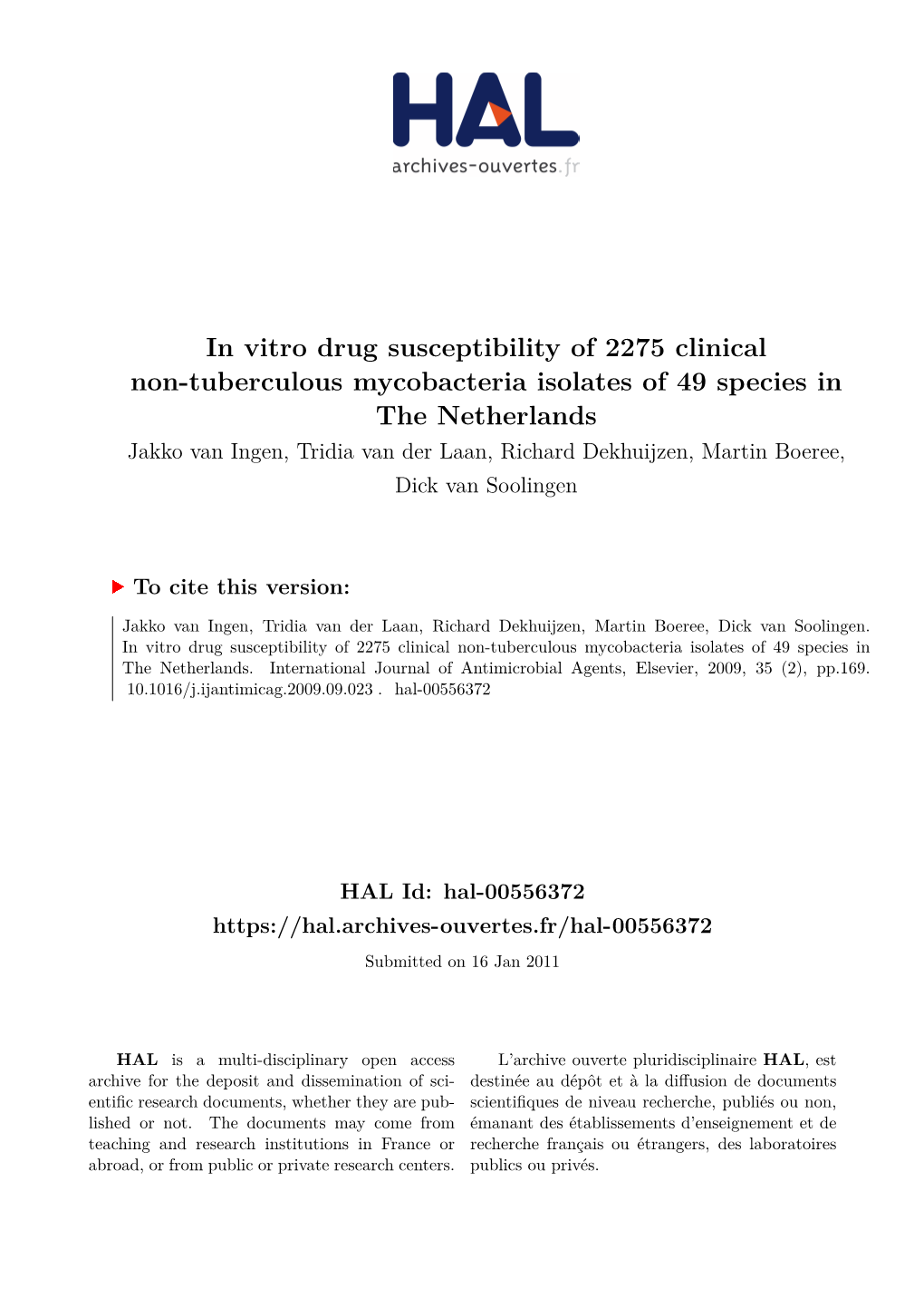 In Vitro Drug Susceptibility of 2275 Clinical Non-Tuberculous