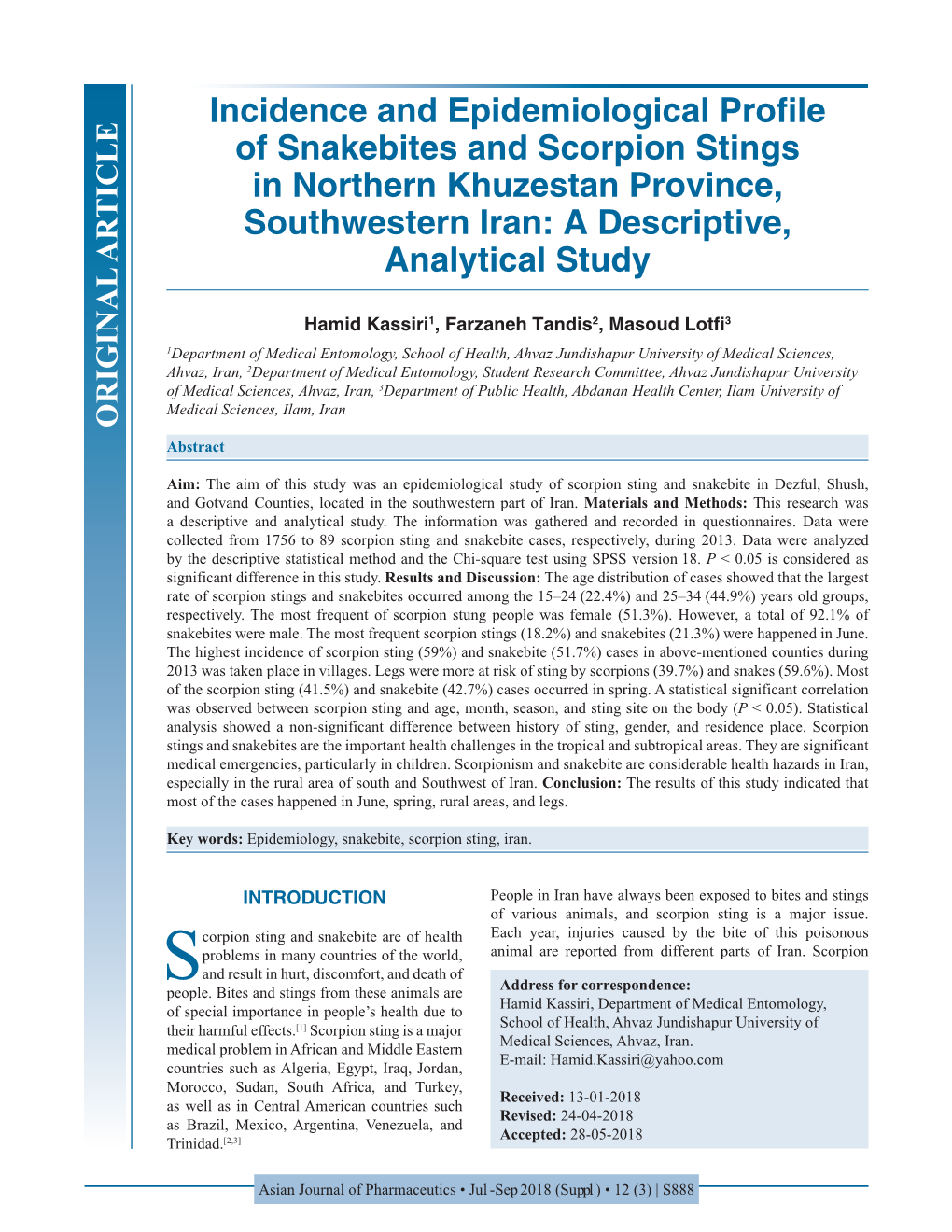 Incidence and Epidemiological Profile of Snakebites and Scorpion Stings in Northern Khuzestan Province, Southwestern Iran: a Descriptive, Analytical Study