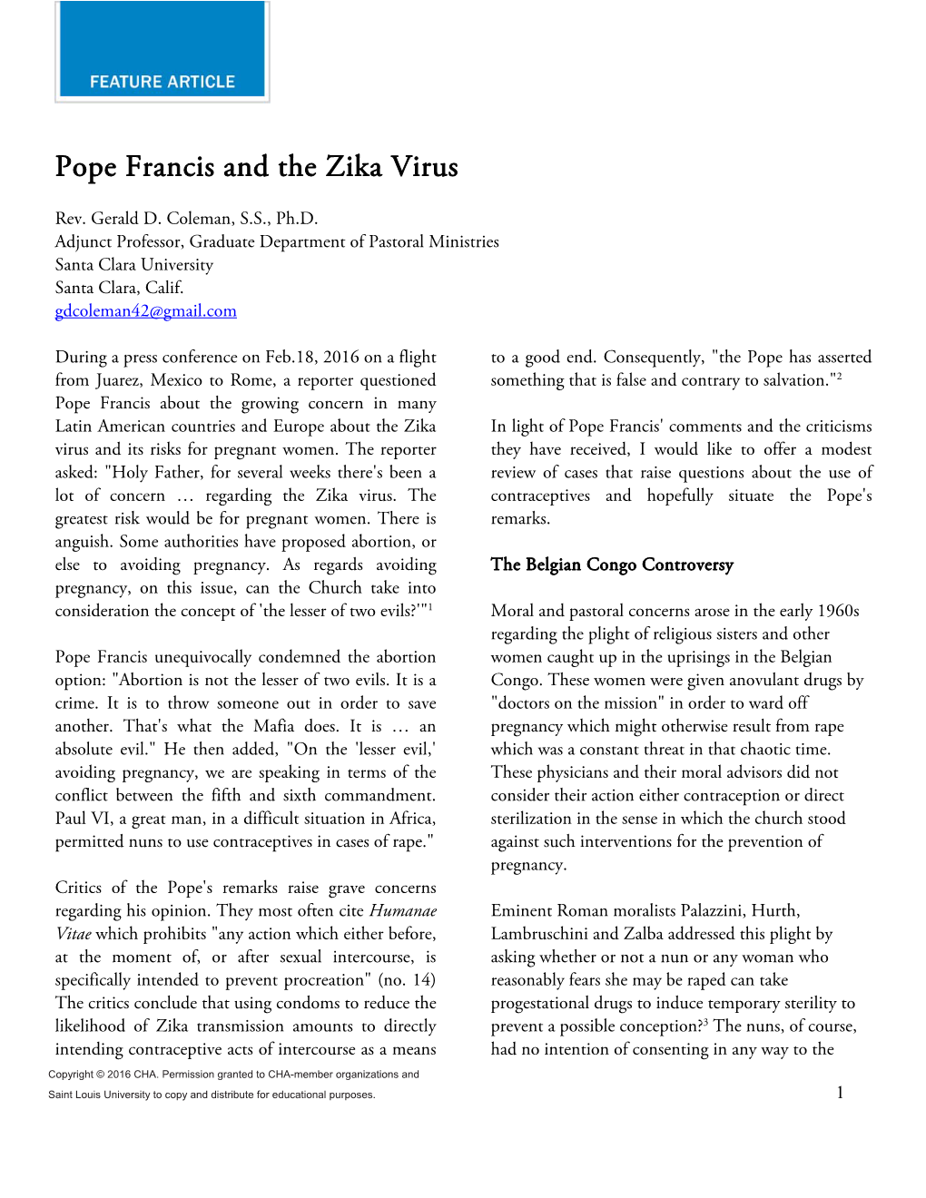 Pope Francis and the Zika Virus