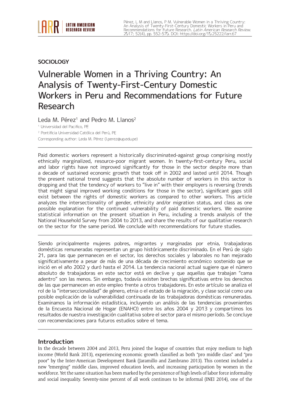 An Analysis of Twenty-First-Century Domestic Workers in Peru and Recommendations for Future Research