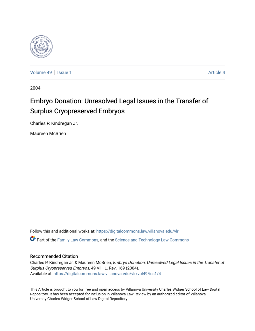 Embryo Donation: Unresolved Legal Issues in the Transfer of Surplus Cryopreserved Embryos