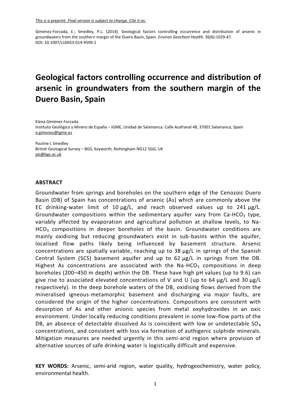 Mobilisation of Arsenic in Groundwaters in the South Edge Of