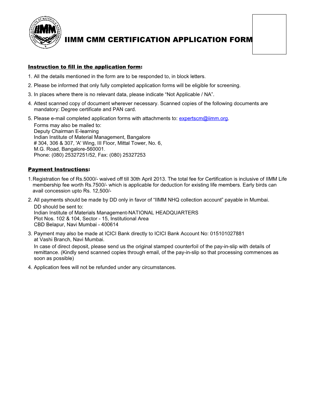 Iimm Cmm Certification Application Form