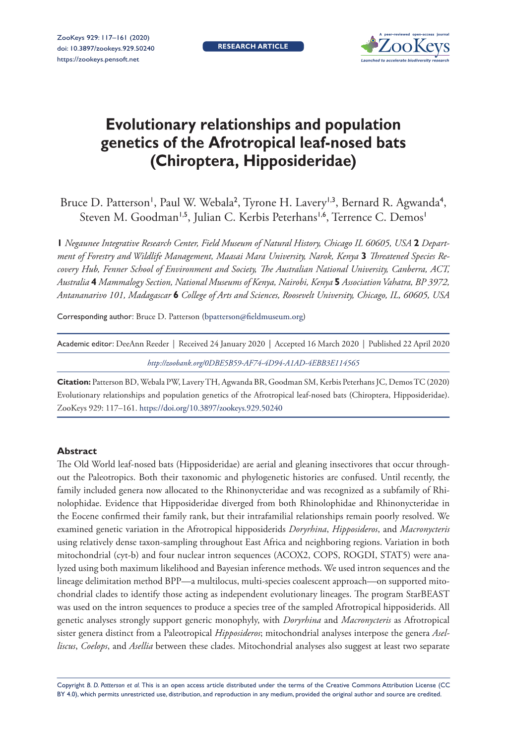 Evolutionary Relationships and Population Genetics of the Afrotropical Leaf-Nosed Bats (Chiroptera, Hipposideridae)