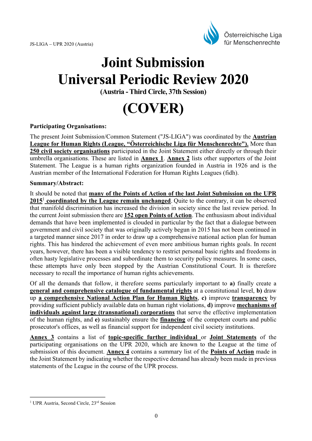 Joint Submission Universal Periodic Review 2020 (Austria - Third Circle, 37Th Session)