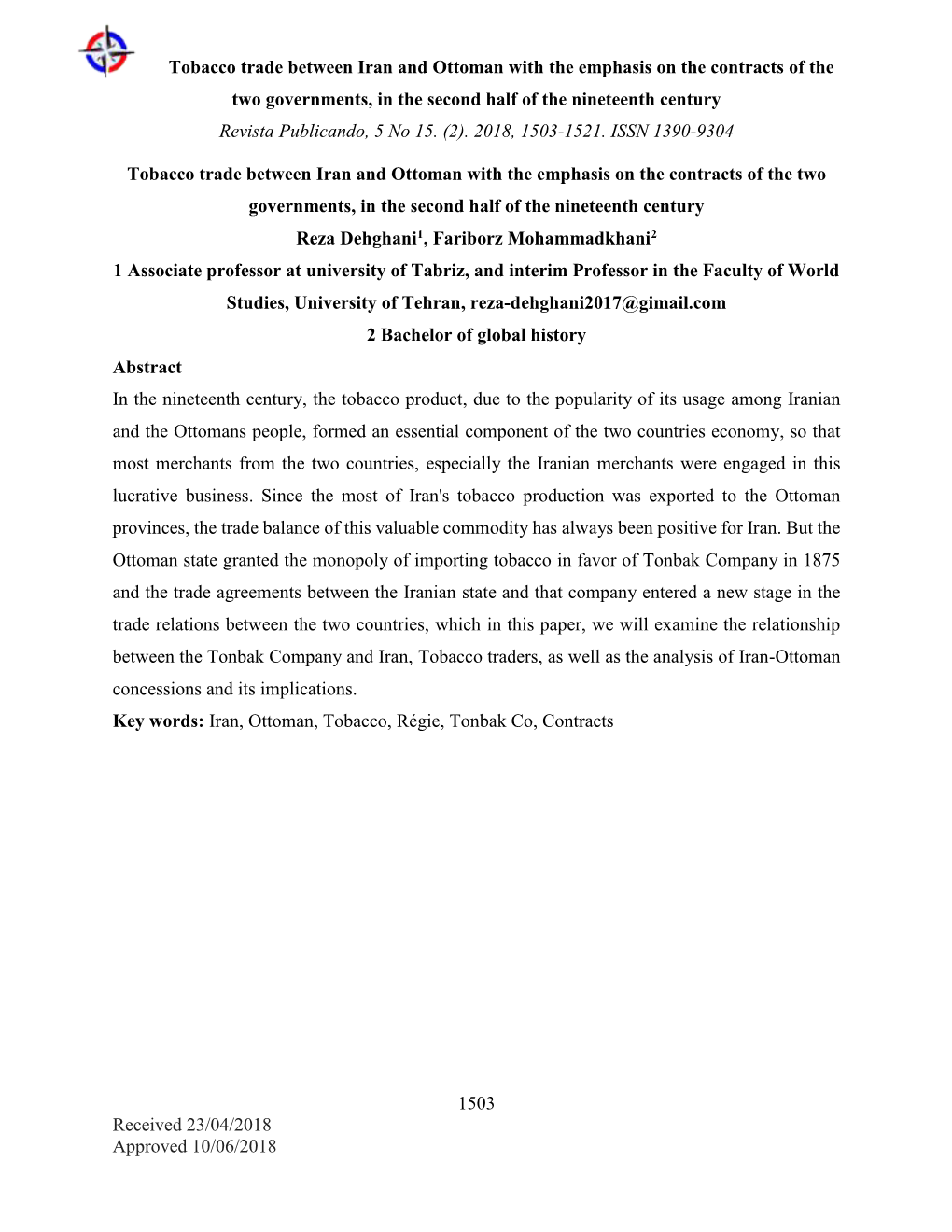 Tobacco Trade Between Iran and Ottoman with the Emphasis on the Contracts of the Two Governments, in the Second Half of the Nine