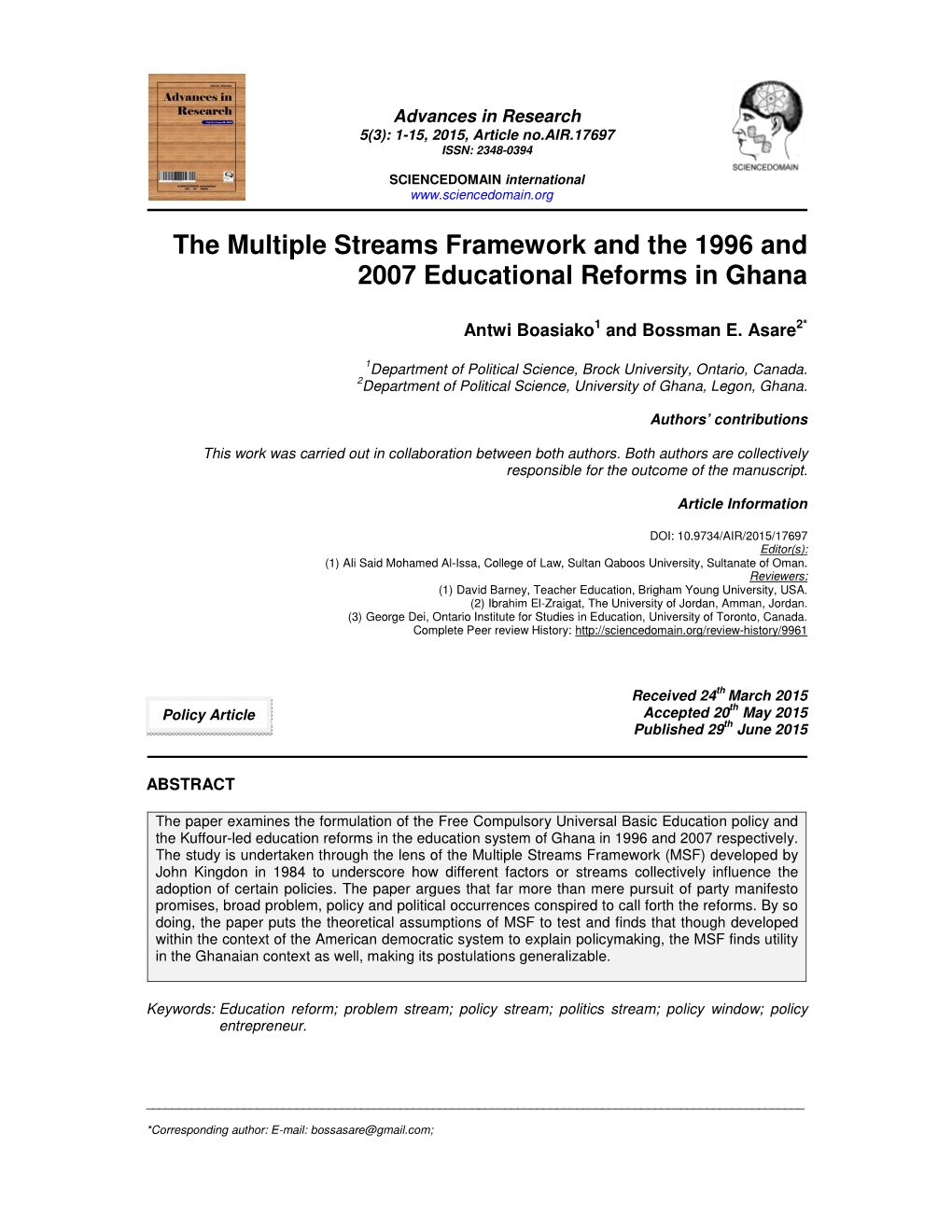 The Multiple Streams Framework and the 1996 and 2007 Educational Reforms in Ghana