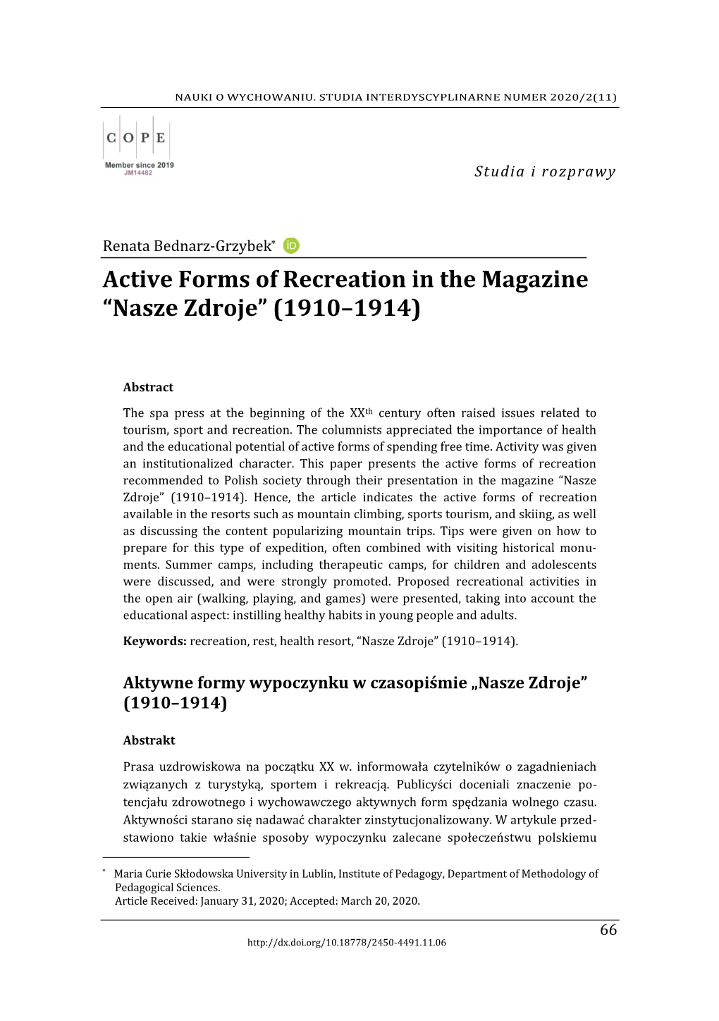 Active Forms of Recreation in the Magazine “Nasze Zdroje” (1910–1914)