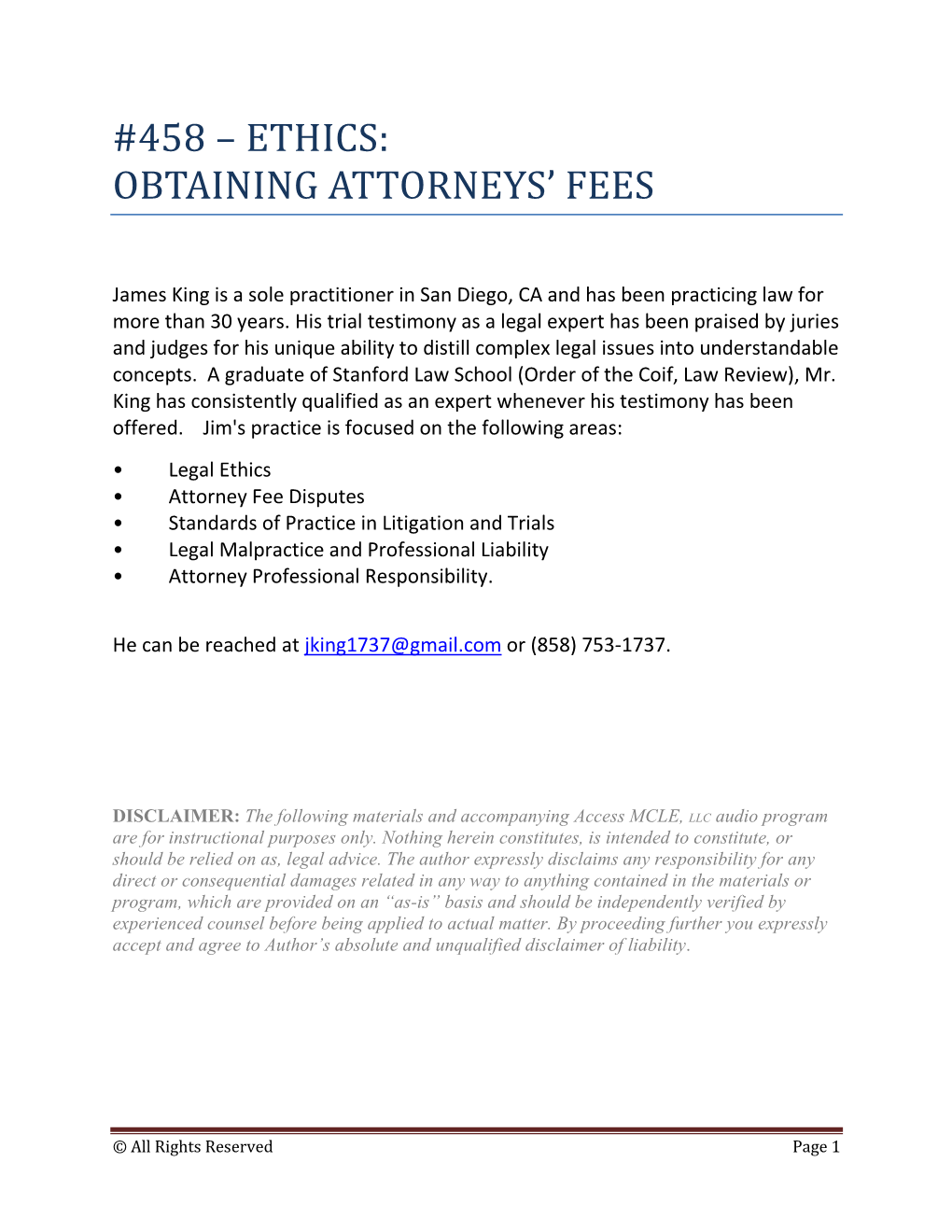 458 – Ethics: Obtaining Attorneys' Fees