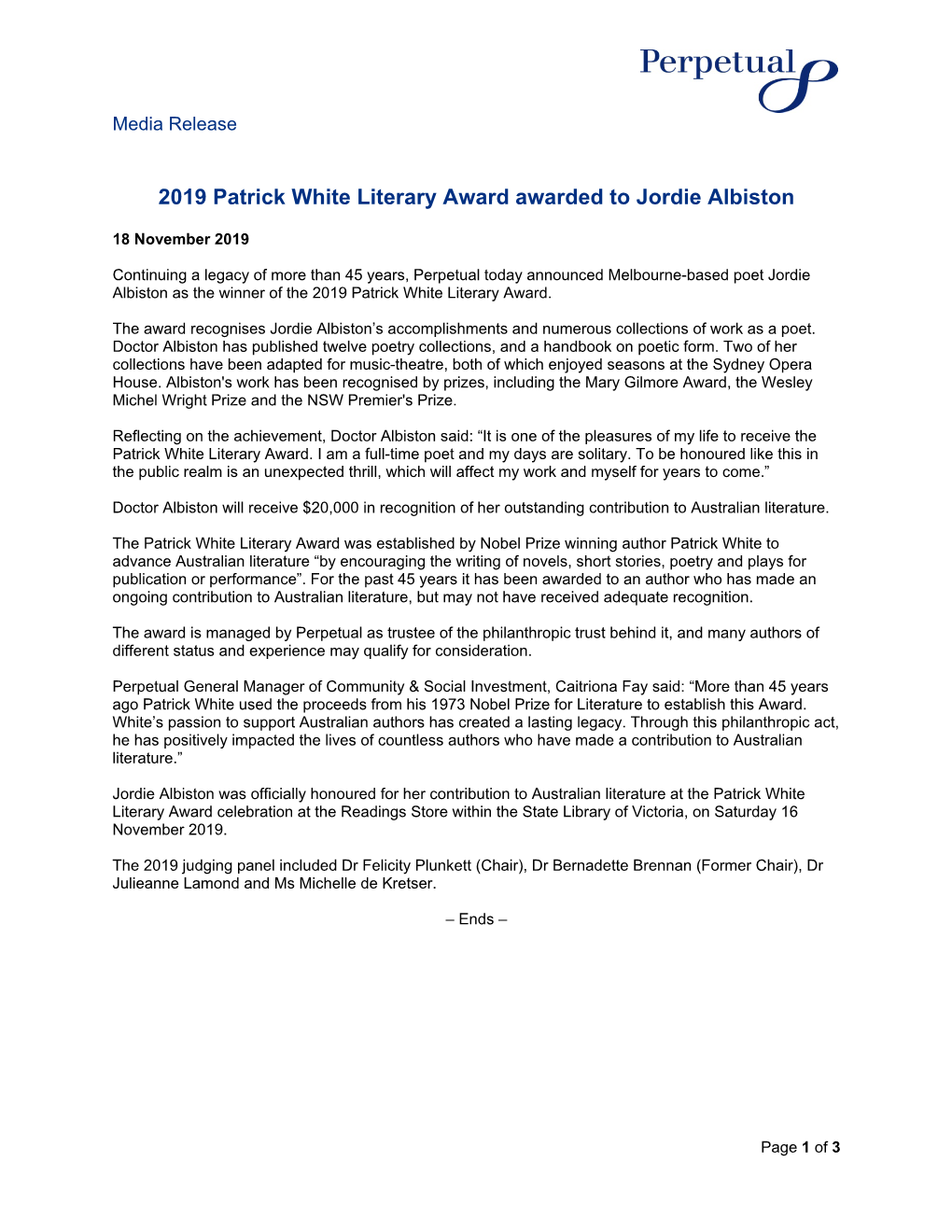 2019 Patrick White Literary Award Awarded to Jordie Albiston